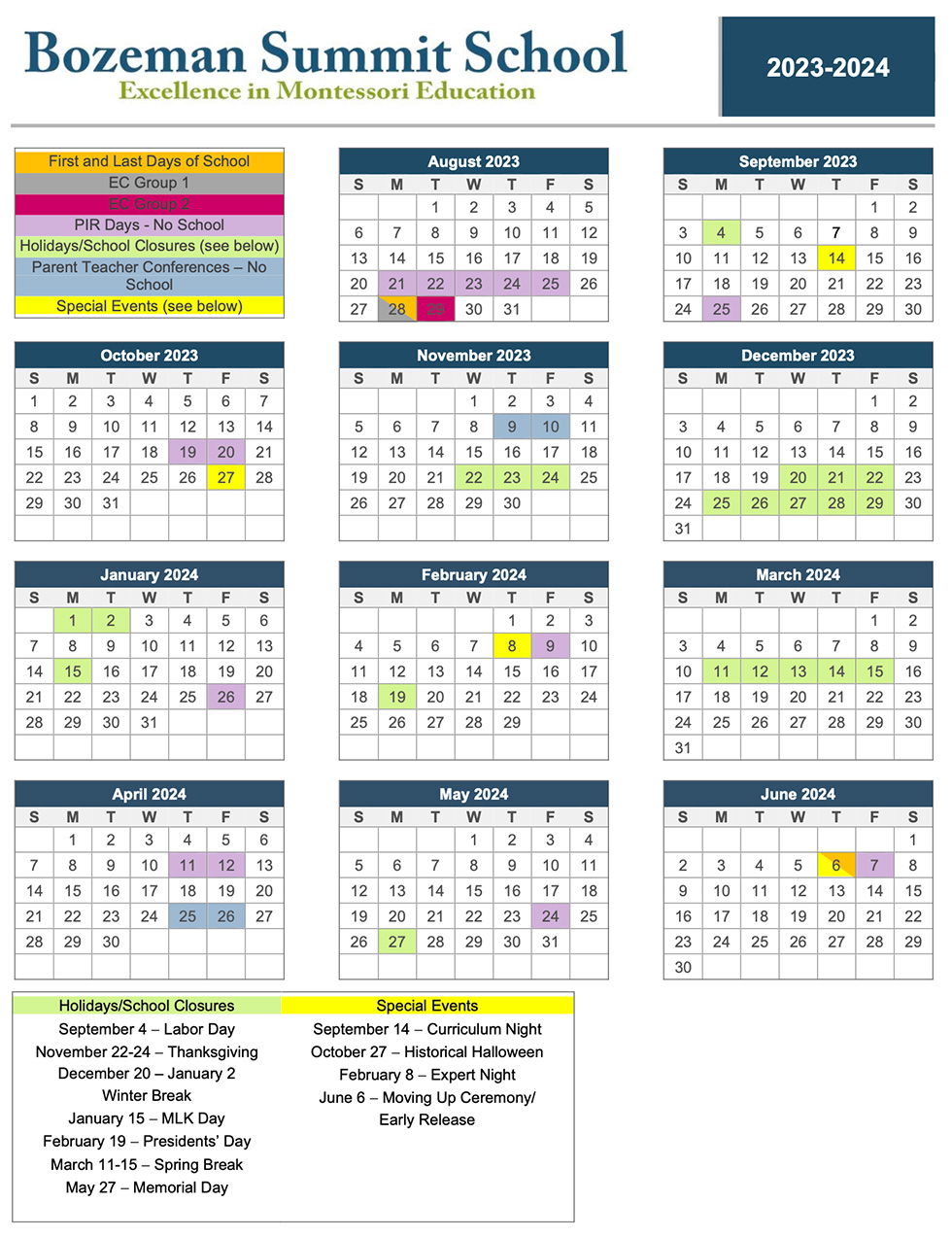 Bozeman Summit School Calendar